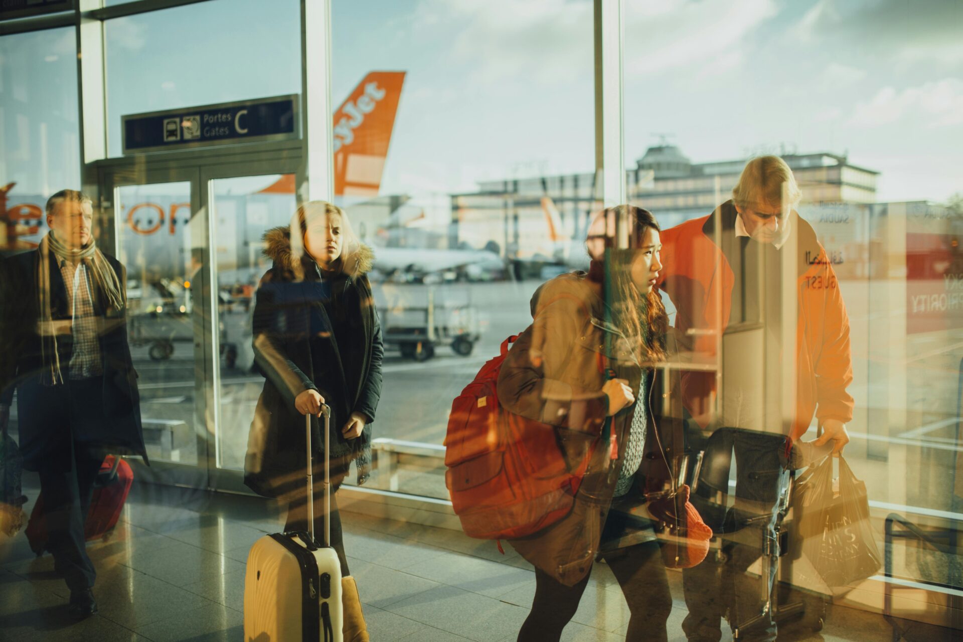 Groupe de personnes arrivant à l'aéroport pour un mariage