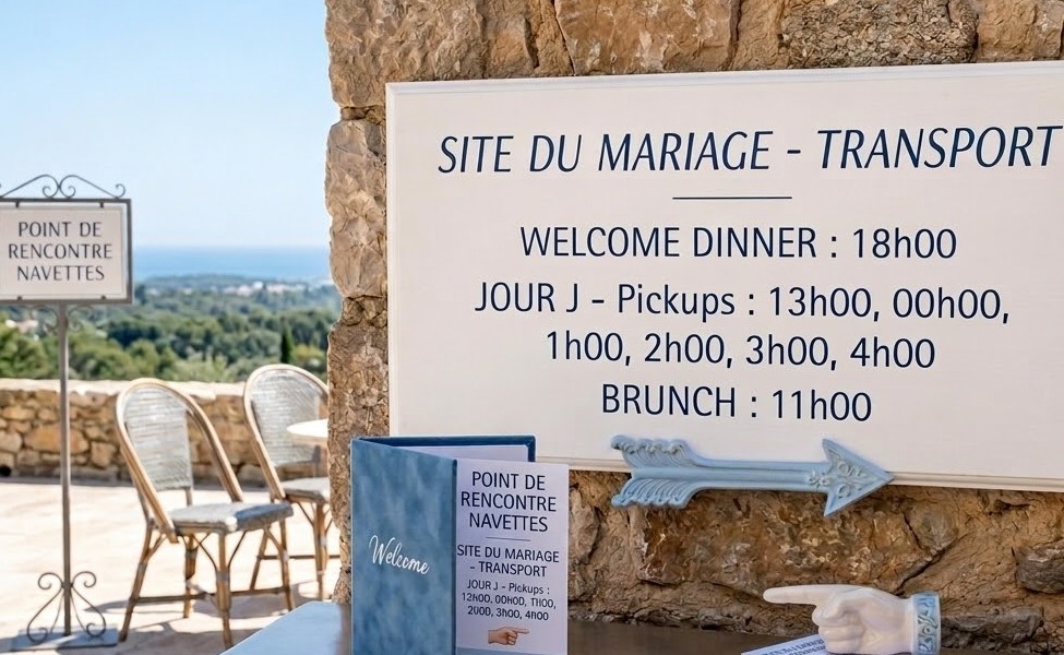 Organiser un "Wedding week-end" complet : du "Welcome dinner" au "Brunch du dimanche" 2 Idée "affichage point de rencontre navette"